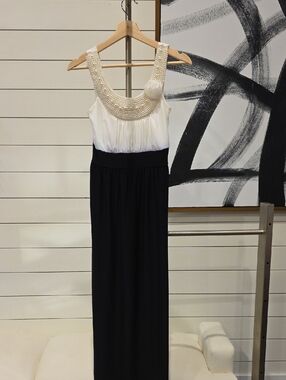 Pearl-Embellished Black & White Maxi Dress